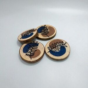 4 Handmade Coasters Brown and Blue with Flowers